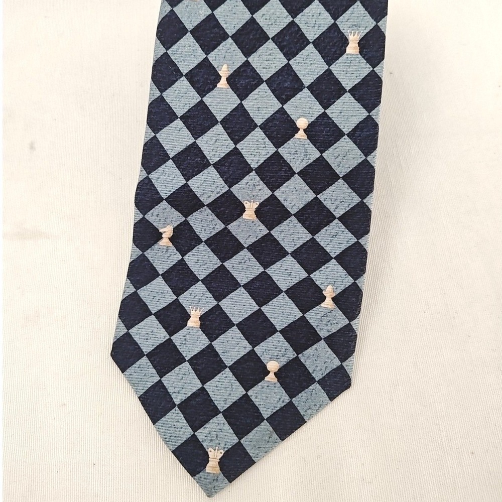 BVLGARI‎ Davide Pizzigoni Chess Silk Tie Blue Gray Diamond Knight Rook SevenFold